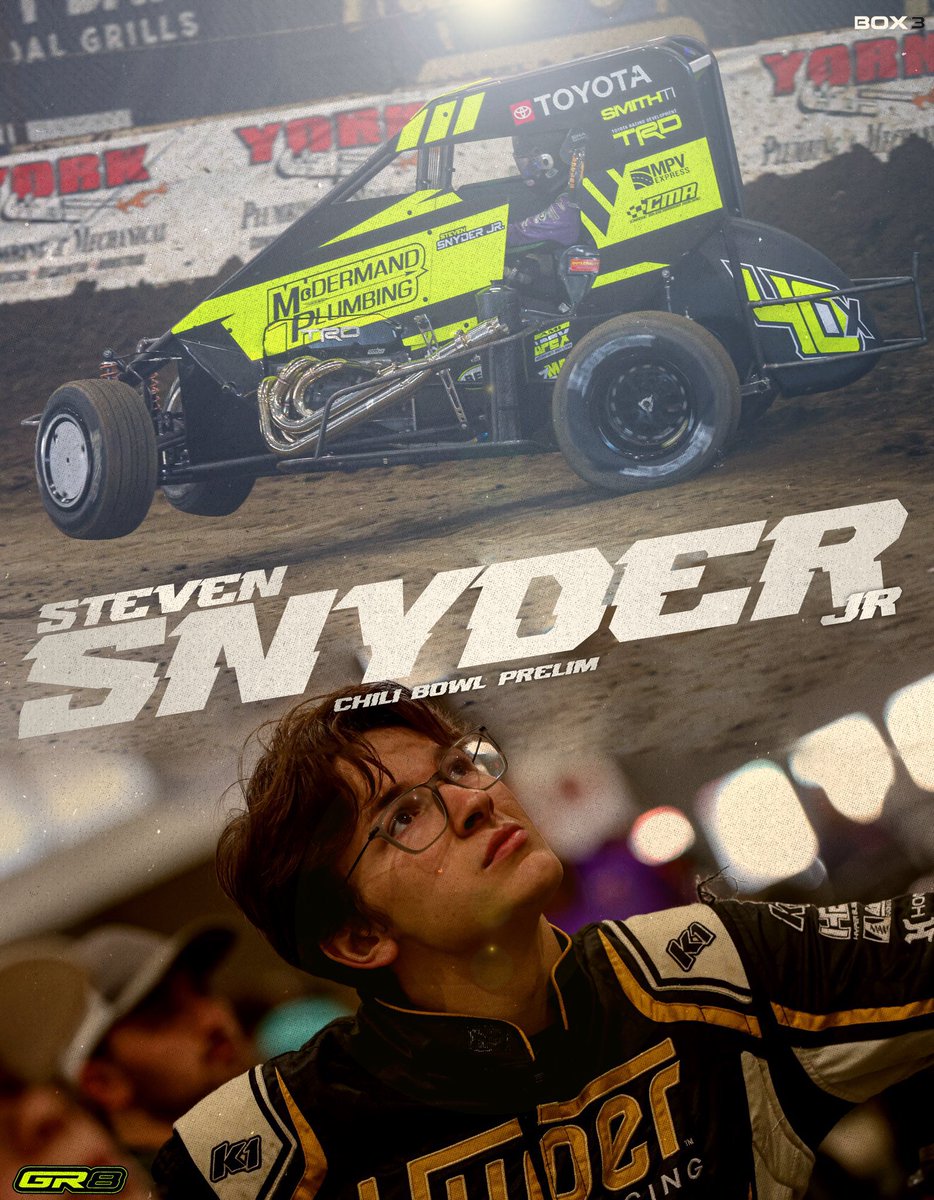 Chase McDermand (@chasemcdermand) on Twitter photo It's <a href="/StevenSnyderJr/">Steven Snyder Jr</a>'s turn in Tulsa <a href="/cbnationals/">Chili Bowl Nationals</a>! Thank you to all of our partners that allow us to come out here and race ππΌ
<a href="/box3_racing/">Box3 Media</a> It's <a href="/StevenSnyderJr/">Steven Snyder Jr</a>'s turn in Tulsa <a href="/cbnationals/">Chili Bowl Nationals</a>! Thank you to all of our partners that allow us to come out here and race ππΌ
<a href="/box3_racing/">Box3 Media</a>