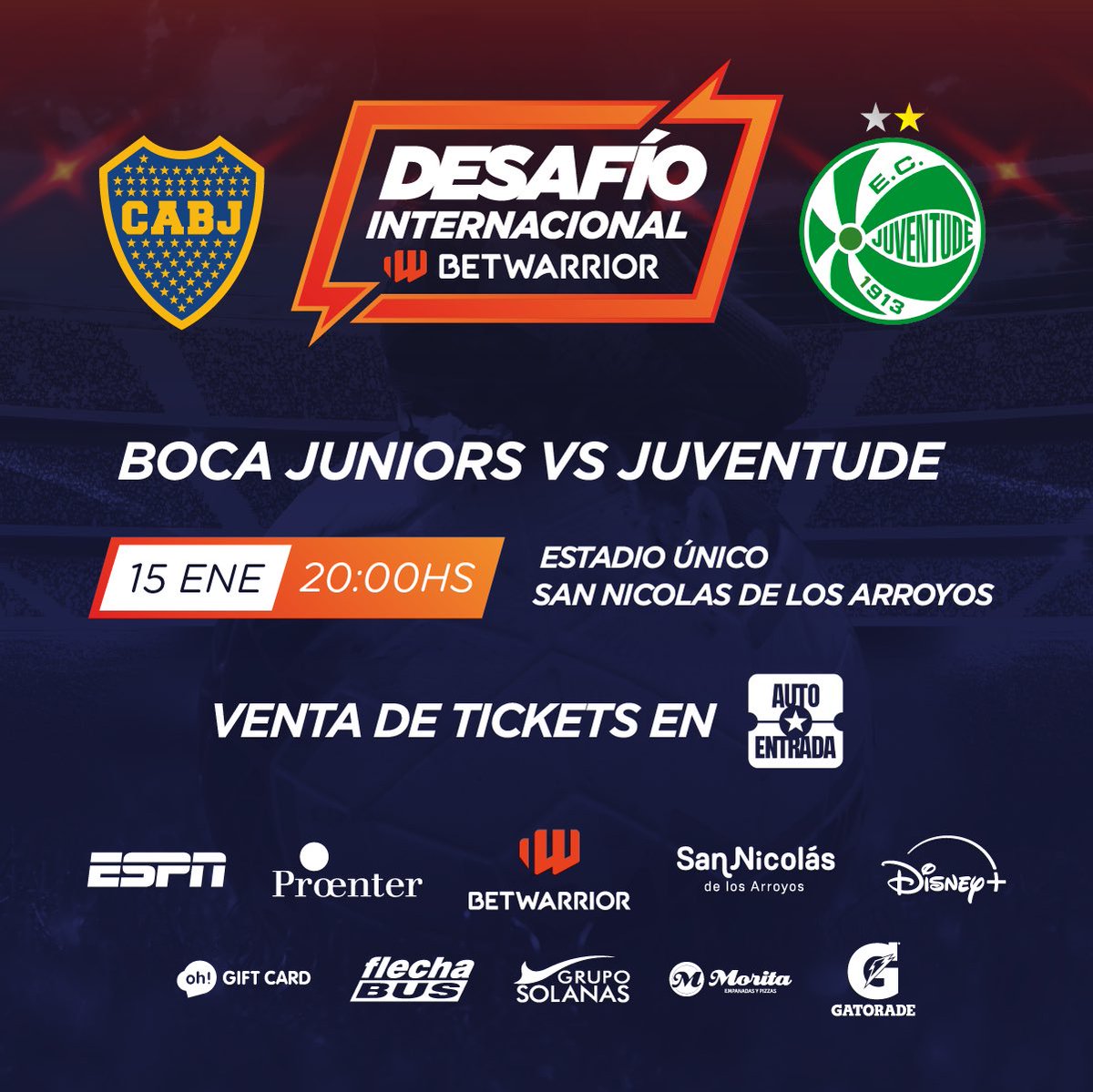 futbolproenter's tweet photo. ⚽️ ¡HOY HAY DESAFÍO INTERNACIONAL BETWARRIOR! 🔥

🇦🇷 Boca Juniors vs Juventude 🇧🇷
🏟️ Estadio Único San Nicolás de los Arroyos
📍San Nicolás de los Arroyos 
🗓️ 15 de enero
⌚️20:00
🎟️: Autoentrada

@betwarrior_arg https://t.co/q6XZM4AxwW