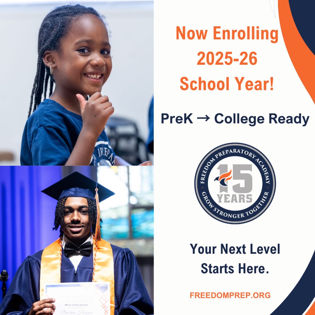 Level Up to Freedom Prep Academy!  Now enrolling for the 2025-26 school year!  📚 PreK-12 in Memphis, TN 📚 K-5 in Birmingham, AL .  Don’t wait—secure your spot today: freedomprep.org.  

Contact us!  Memphis - 901.498.1849
Birmingham - 205.983.3174
#LevelUpWithFPA