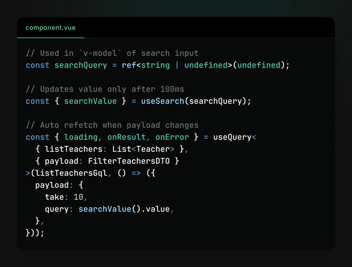 jai_mehdi's tweet photo. Implemented debouncing in a Nuxt/Vue project for real-time GraphQL search filtering using custom composables. Reduced server calls while keeping the experience smooth and responsive!

#NuxtJS #VueJS #GraphQL #WebDev #Debouncing #CodingTips https://t.co/EGukV0vbO4
