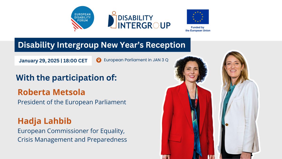 MyEDF's tweet photo. On January 29, the #EPDisability Intergroup will meet with civil society organisations and stakeholders to:
- Celebrate the New Year and re-establishment of one of the Parliament's most active intergroups
- Discuss #DisabilityRights in Europe
Hosted by @k_langensiepen, with the participation of @EP_President and @hadjalahbib.
Learn more about the Disability Intergroup: https://t.co/om92NOm9C6