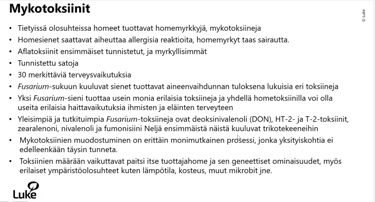 Tietyissä olosuhteissa homeet tuottavat homemyrkkyjä, myös lehtilaikkutauteja aiheuttavat sienet, kertoo <a href="/marjajalli/">marja jalli</a> <a href="/TuplaKari/">Kari Alasaari</a> neuvoryhmän DON-iltamissa