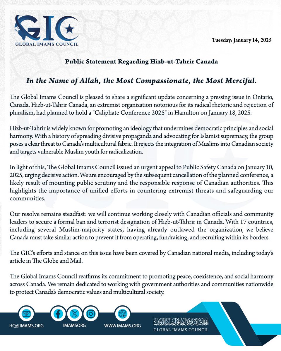 ImamsOrg's tweet photo. Yesterday, the GIC issued a statement to the Muslim community in Canada following the cancellation of Hizb-ut-Tahrir's extremist "Caliphate Conference 2025." The GIC remains committed to leading efforts within the Muslim community to secure a formal ban on Hizb-ut-Tahrir Canada and its designation as a terrorist entity.