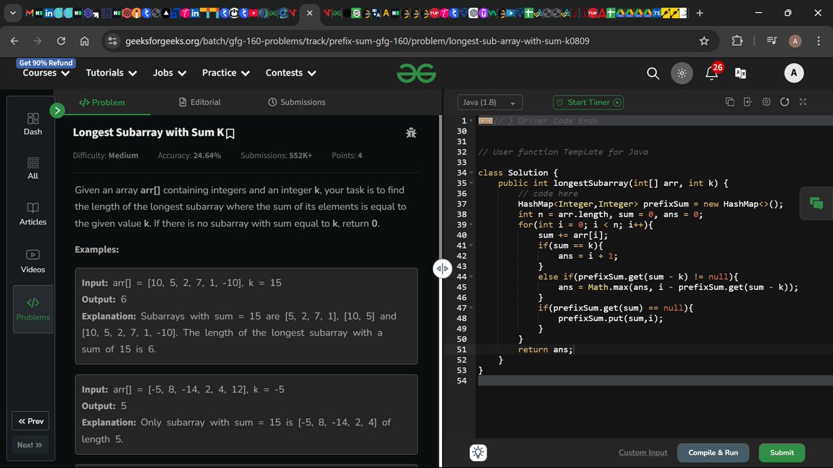 ASHUTOS47460496's tweet photo. today's problem : - Longest Subarray with Sum K.  Day - 43 #geekstreak2024 #dsa #learntocode #learndsa #160daysofcode #gfg #geeksforgeeksday    Profile:- https://t.co/vi7CR9YdSE……………………………………………………………………………………………………  code in java. https://t.co/6M56beIspT