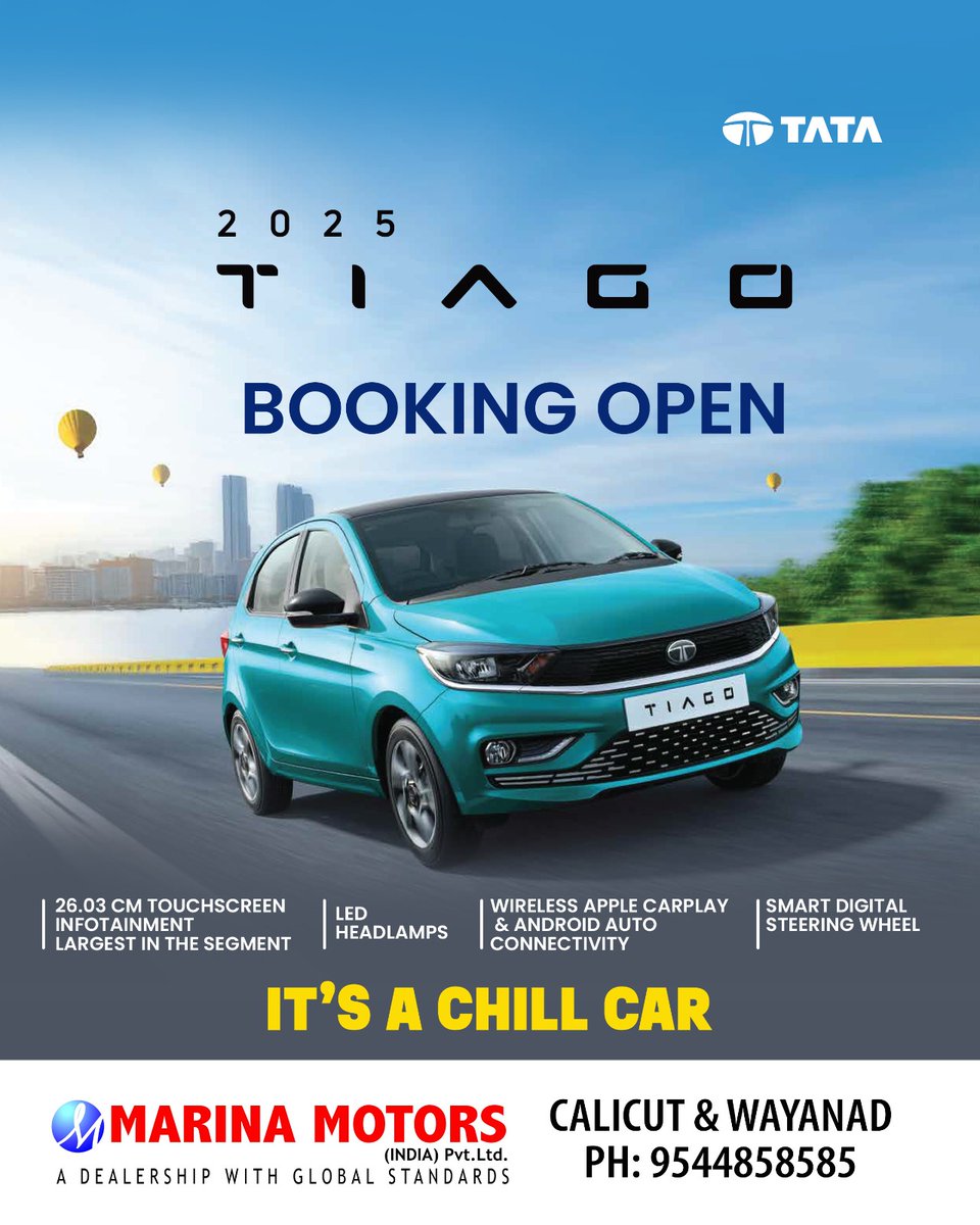 MarinaLtd's tweet photo. New year, new tech, new features and new colors.
That's 2025 Tiago for you.
ICE starts at ₹4.99L*
Marina 9544858585 https://t.co/H5N4rceftL