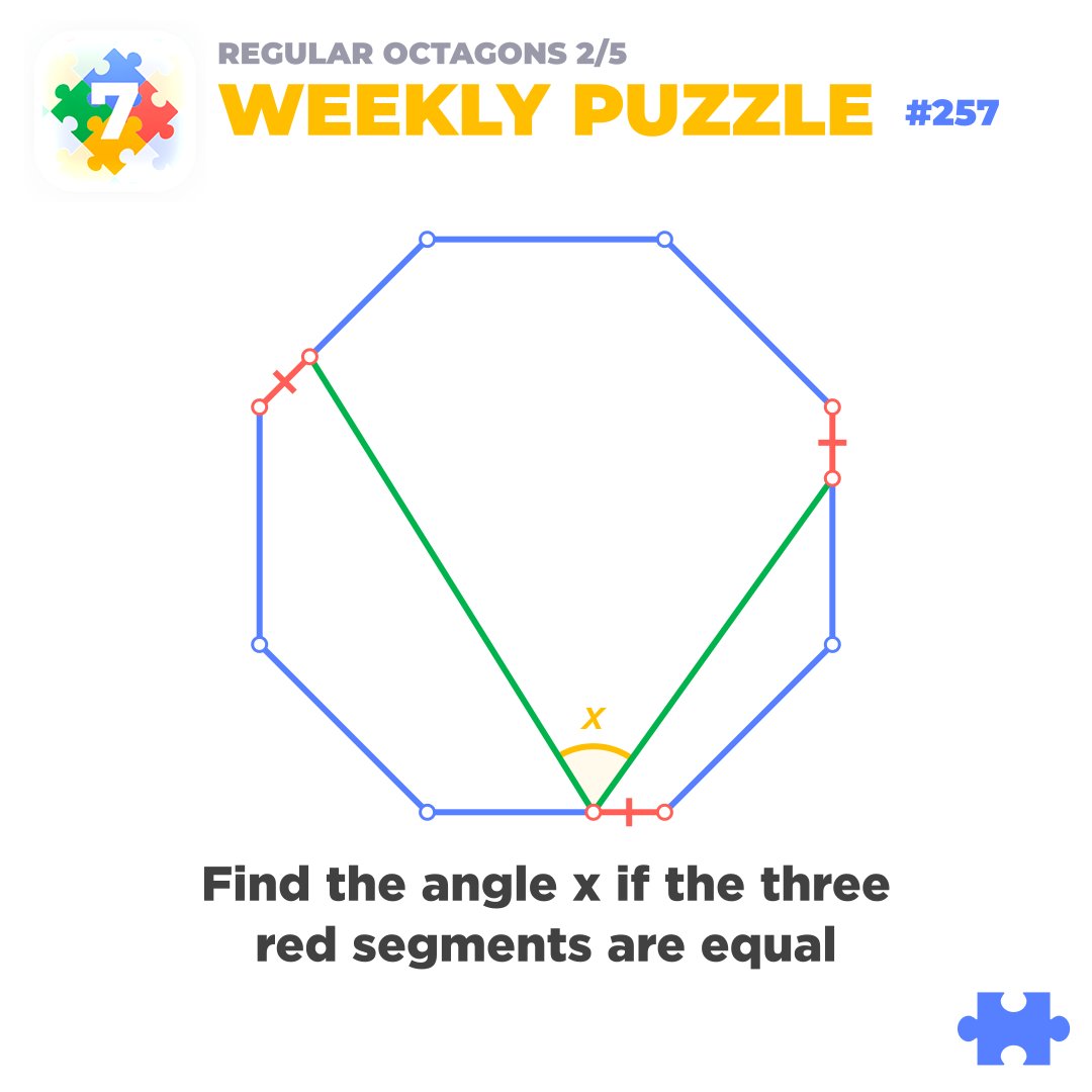 euclidea_app's tweet image. #euclidea_puzzle_257 #euclidea 

🎓 Find the angle x in the given regular octagon if the three red segments are equal.
 
#math #geometry
