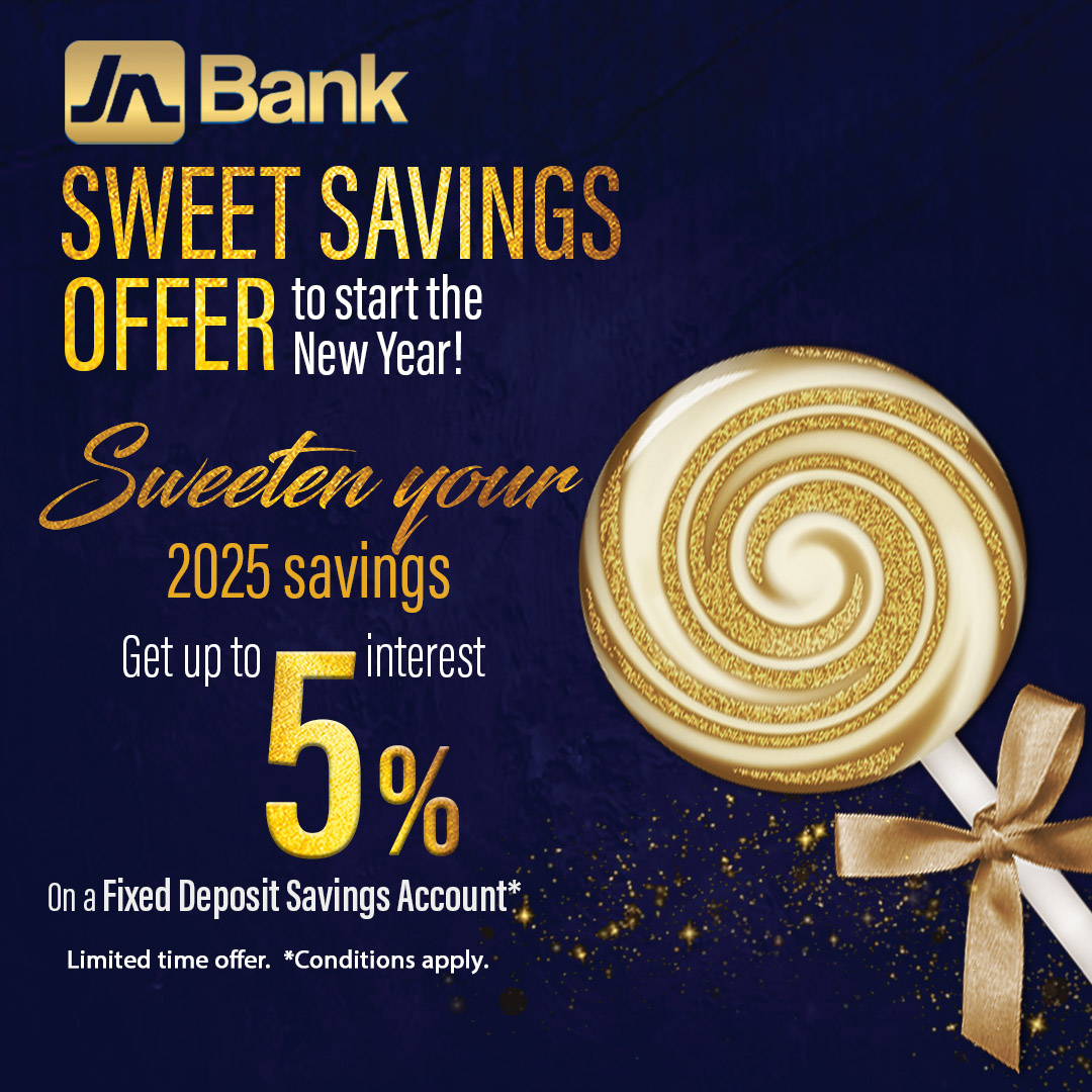 jnbanklimited's tweet image. Your Sweet Savings Journey Begins Here!  Open a Fixed Deposit account with JN Bank and earn up to 5% interest today. Deposit as little as J$1,000,000, fix your funds for one year, and watch your savings grow. 🚀

Learn more: bit.ly/sweetsavingsof…
#JNBank #TheSweetOffer