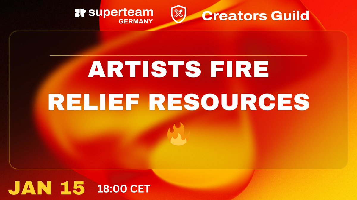 CREATORS GUILD 🔥 FIRE RELIEF RESOURCES spaces starts in less than an hour!

6pm CET - 9AM Pacific Time

Here's a thread highlighting options shared by artists, curators, music labels &amp; art galleries pointing people towards Los Angeles wildfire relief resources this week:

LINKS