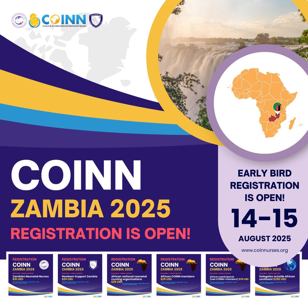 🌍 Are you ready for COINN Zambia 2025?

📅 Aug 14-15, 2025
📍 Lusaka, Zambia

Join neonatal nurses worldwide for 2 days of learning, collaboration, and innovation in newborn care.

💡 Early Bird Rates Are Still Available!

Secure your spot: coinnurses.org/coinn-zambia-2…

#COINN2025