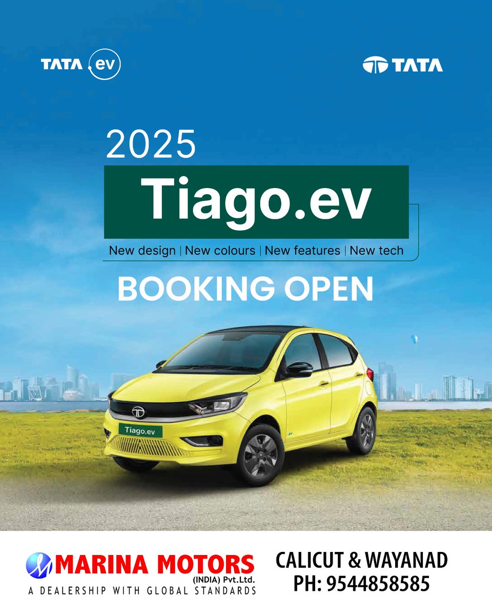 MarinaLtd's tweet photo. New year, new tech, new features and new colors.
That's 2025 Tiago.ev for you.
EV starts at ₹7.99L*
Marina 9544858585 https://t.co/VsWlgoYVZ4