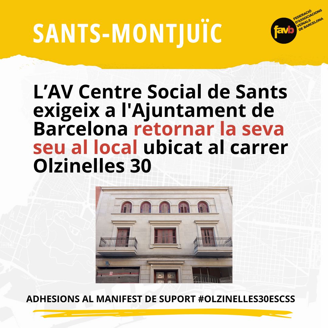 🟡 #SANTS | Després de gairebé dos anys d’obres, perilla la tornada de <a href="/CentreSocSants/">Centre Social Sants</a> al seu domicili històric del carrer Olzinelles 30. 

✍️Podeu llegir el manifest i donar suport aquí:docs.google.com/forms/d/e/1FAI…