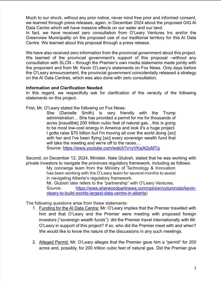 We should all support Sturgeon Lake Cree Nation (SLCN) in their effort to stop DANIELLE SMITH Alberta Premier, from giving KEVIN O’LEARY land, or other support for an AI Data Centre on SLCN Treaty #8 lands &amp; waters without seeking their free, prior, informed, consent!