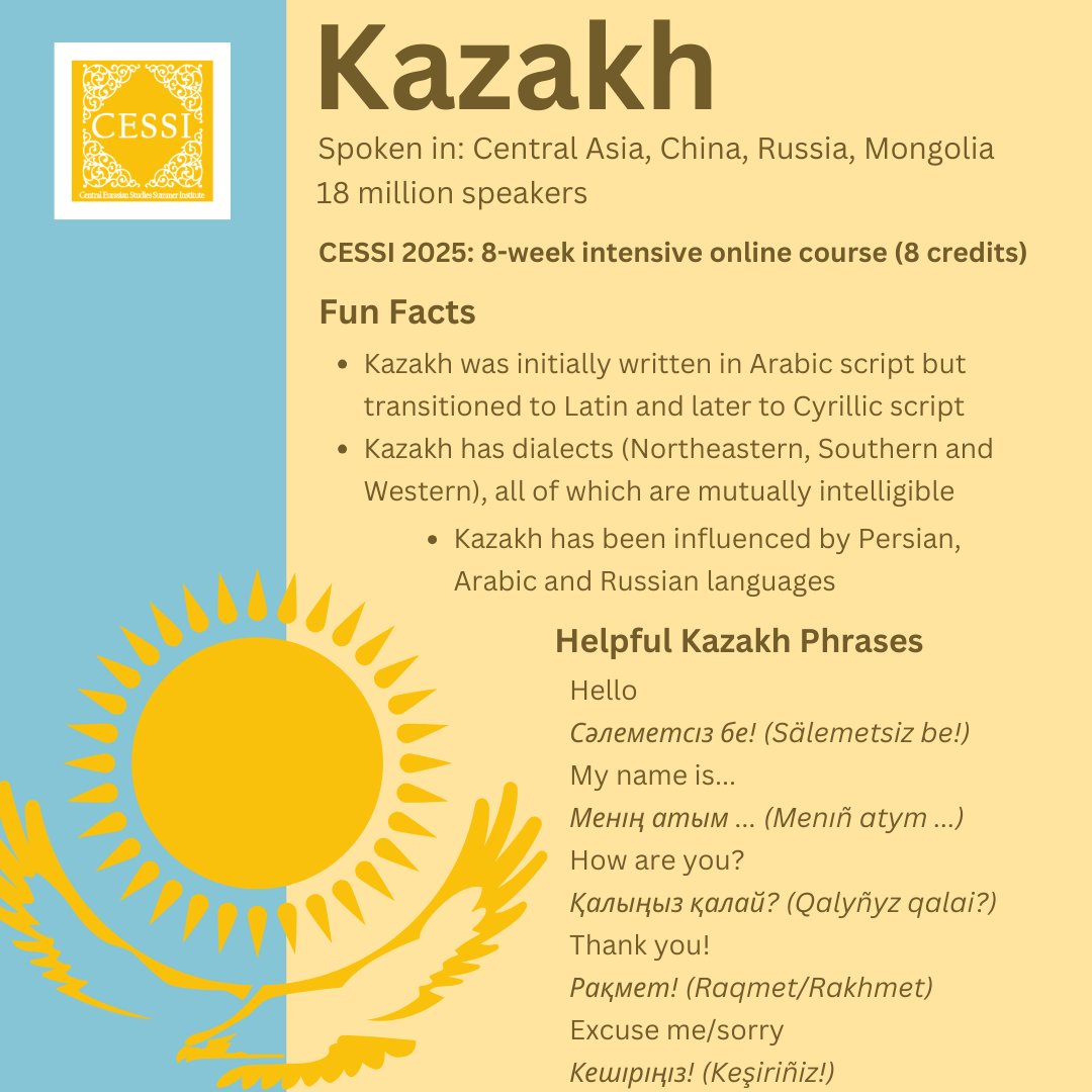 cessi_uw's tweet photo. 🔦 CESSI Language Spotlight: #Kazakh is one of the languages we'll offer during CESSI 2025. Read more to expand your knowledge and apply to study or teach with us by Feb. 1!
#kazakhstan #SummerLanguageLearning #centralasia @WISLI_UW @UWCREECA @uw_iris1 https://t.co/34hq8S6Pci