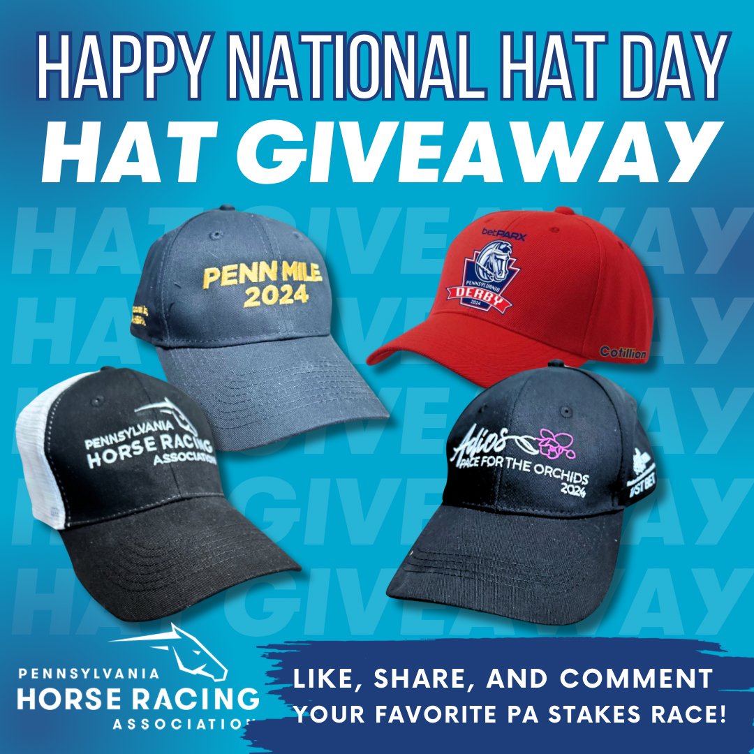 It's National Hat Day, and we're celebrating with a GIVEAWAY featuring exclusive 2024 hats! 🎉 To enter, simply like, share, and comment with your favorite PA Stakes Race! 🐎 Hurry, the contest ends tomorrow at noon. Don't miss out!