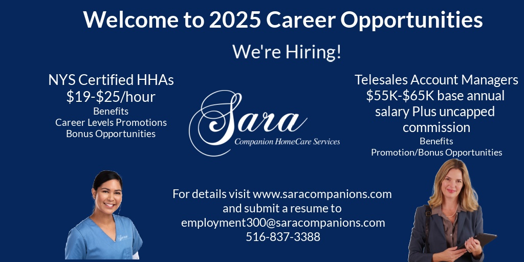 January is the perfect time to look for a new job.

If you are looking for a position with great growth opportunities, apply to Sara Companion HomeCare Services today.