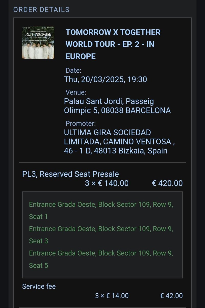 junggqook's tweet photo. @TXT__Spain 💓Vendo 3 entradas para el concierto de txt barcelona, porque unas amigas y yo queriendo asegurarlas las cogimos a la vez. 
- Están ubicadas en el sector 109, Fila 9, asientos 1,3 y 5
- ⁠Las vendemos a su precio original 140€ (x3= 420€)
- ⁠Las podemos vender por separado https://t.co/ymbGgsleHn