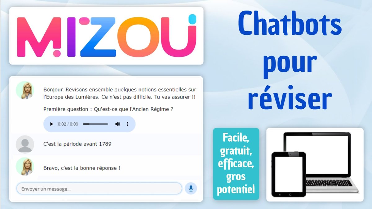 Article complet sur réviser avec un chatbot MIZOU😃: tutos, rappels mémorisation active, plus-values de l'IA... Outil qui oblige l'élève à formuler lui-même ses réponses (≠ propositions dans les quiz), très bien analysées par l'IA. ww2.ac-poitiers.fr/hist_geo/spip.…