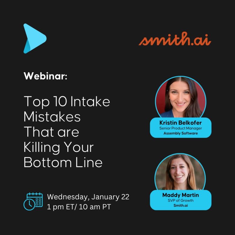 Smith.ai (@smithdotai) on Twitter photo Struggling with intake inefficiencies? Let’s fix that. 🔧
Legal intake sets the stage for every case — but even minor errors can cost you clients and revenue. In this upcoming webinar, Maddy Martin, Smith.ai’s SVP of Growth, and Kristin Belkofer, <a href="/AssemblyCMS/">Assembly, Provider of Needles, Trialworks & Neos</a>'s Struggling with intake inefficiencies? Let’s fix that. 🔧
Legal intake sets the stage for every case — but even minor errors can cost you clients and revenue. In this upcoming webinar, Maddy Martin, Smith.ai’s SVP of Growth, and Kristin Belkofer, <a href="/AssemblyCMS/">Assembly, Provider of Needles, Trialworks & Neos</a>'s