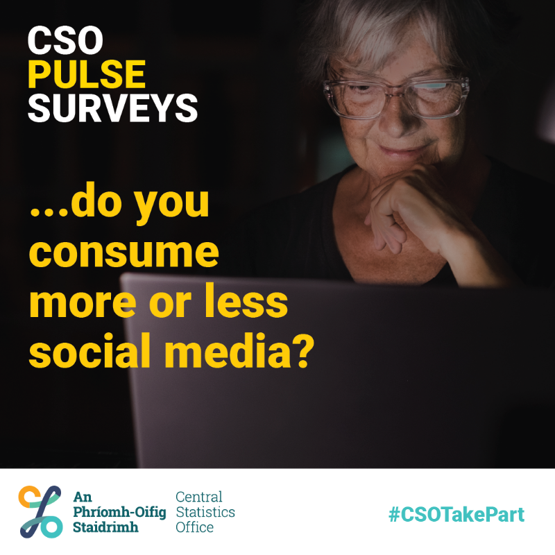 CSOIreland's tweet photo. Covid - Our lives 5 years on

From career shifts to navigating parenthood during a pandemic, the last 5 years have brought a lot of change. 

We're looking at how COVID-19 impacted our lives.

𝗧𝗲𝗹𝗹 𝘂𝘀. 
Take part in our short anonymous 
Pulse Survey.

#CSOTakePart
