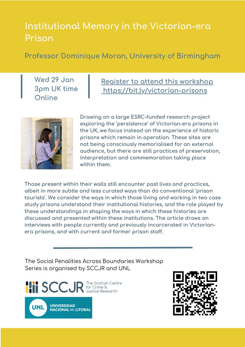 🟡New Workshop! 

Prof. Dominique Moran, University of Birmingham will give an online workshop on 'Institutional Memory in the Victorian-era Prison' on Wed 29 Jan, 3pm (UK time). 

👉bit.ly/victorian-pris…