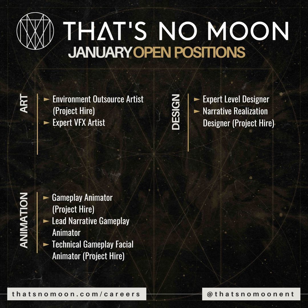 New year, fresh roles 🎉 Join our team of passionate storytellers in crafting our debut, narratively-driven experience!

Check out our careers page for the list of our remote-eligible positions: thatsnomoon.com/careers