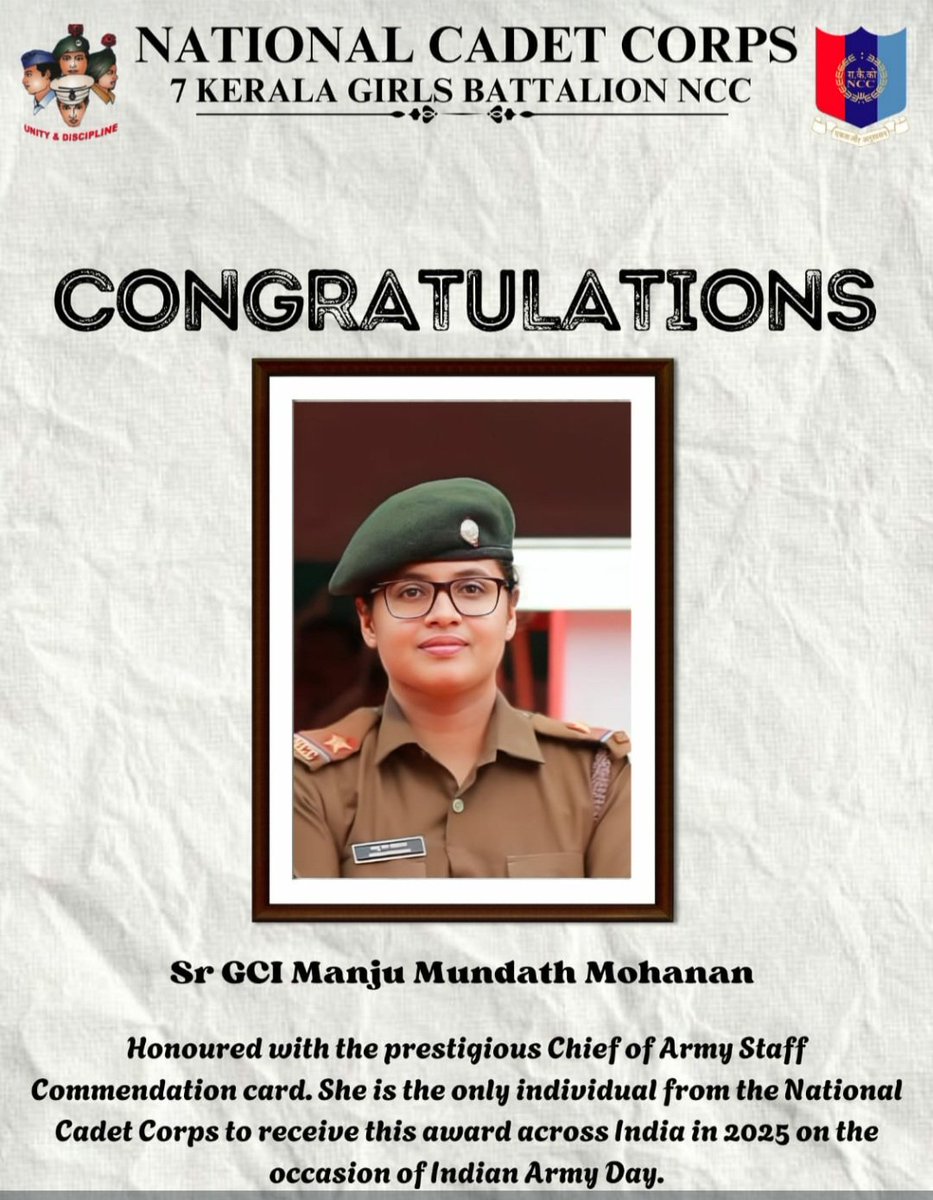 youtheshannan's tweet photo. Heartiest congratulations to Senior Girl Cadet Instructor Manju Mohan of @7_thrissur, Ernakulam Group, for being awarded the prestigious Chief of Army Staff Commendation Card 🇮🇳

She stands proud as the only NCC recipient of this national honor. 
A true inspiration to all cadets https://t.co/E3eSW9arOx