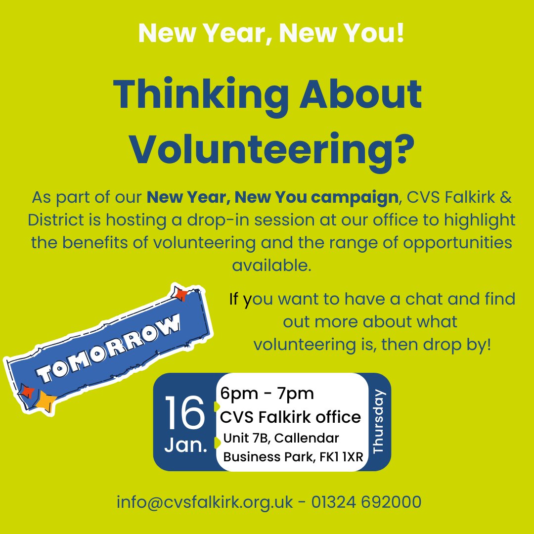 CVS Falkirk (@cvsfalkirk) on Twitter photo After brilliant <a href="/LibFalkirk/">Falkirk Libraries</a> visits in #Bonnybridge and #Boness, #NewYearNewYou's next event is w/ us at <a href="/CVSFalkirk/">CVS Falkirk</a>!
If you couldn't make it along to the library drop-ins, don’t worry! There’s still tomorrow at our office, pop in any time 6-7pm to ask all things #volunteering After brilliant <a href="/LibFalkirk/">Falkirk Libraries</a> visits in #Bonnybridge and #Boness, #NewYearNewYou's next event is w/ us at <a href="/CVSFalkirk/">CVS Falkirk</a>!
If you couldn't make it along to the library drop-ins, don’t worry! There’s still tomorrow at our office, pop in any time 6-7pm to ask all things #volunteering