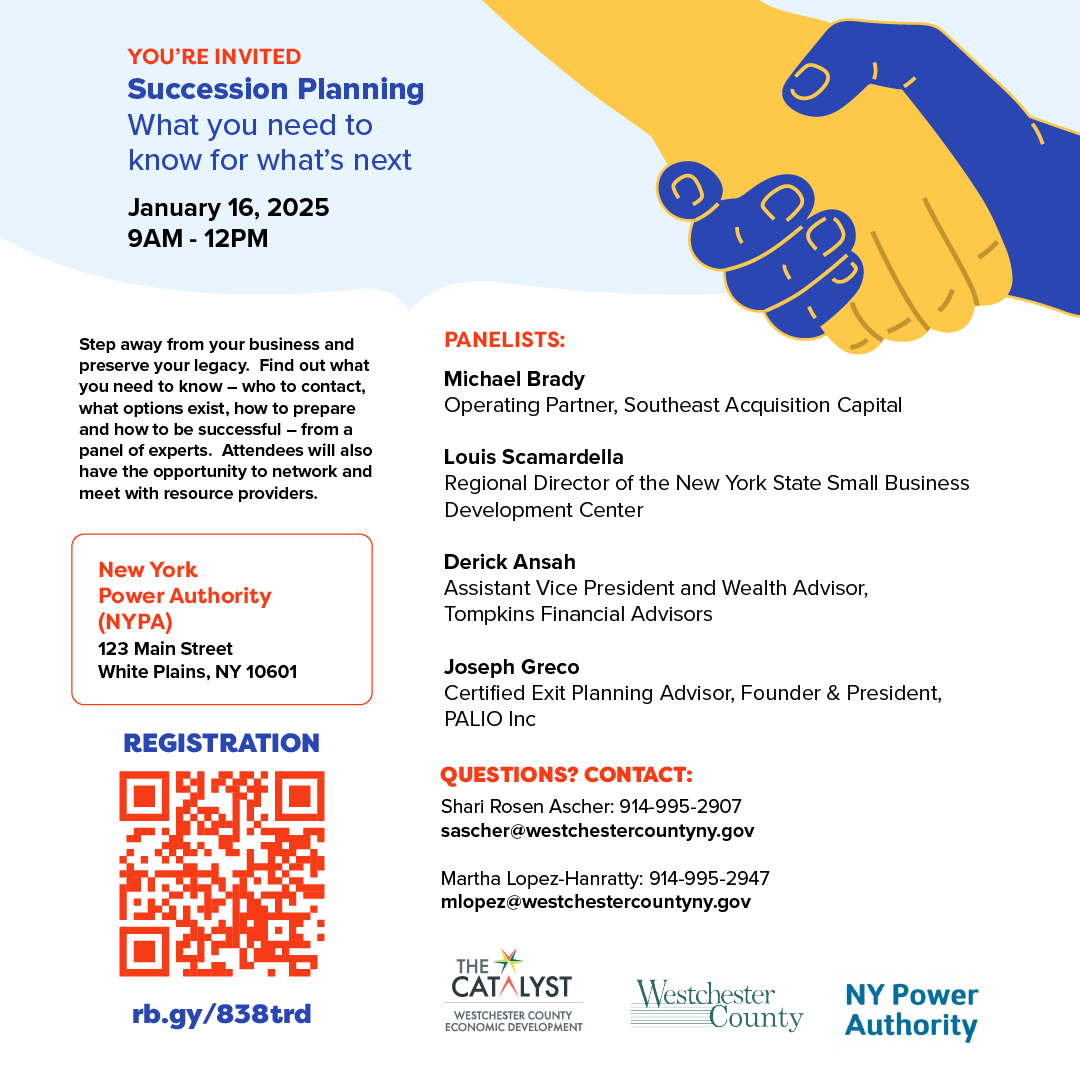 LowerHVSBDC's tweet photo. You're Invited! Join us for Succession Planning: What You Need to Know for What's Next on January 16, 2025, from 9 AM to 12 PM at the New York Power Authority (NYPA) in White Plains, NY. Learn how to prepare for your business’s future and hear from a panel of experts! https://t.co/pABjQNEcUp
