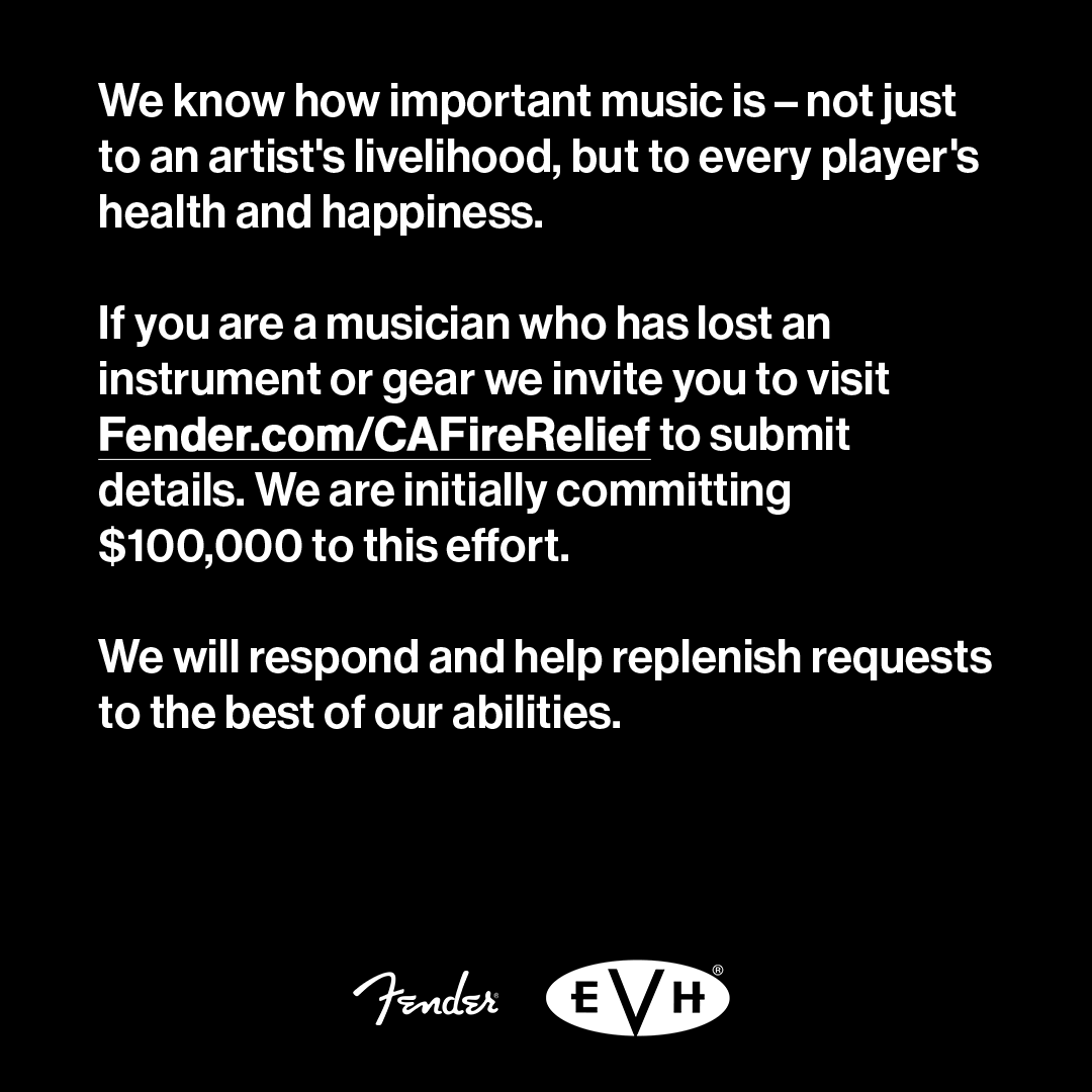 evhgear's tweet photo. We are devastated by the fires continuing to rage across Los Angeles – a city that many of our employees and artist communities call home. If you are a musician who has lost an instrument or gear, visit to the link in our bio to submit details: https://t.co/BcFMowJEwX https://t.co/Q5KS8i6ZOm