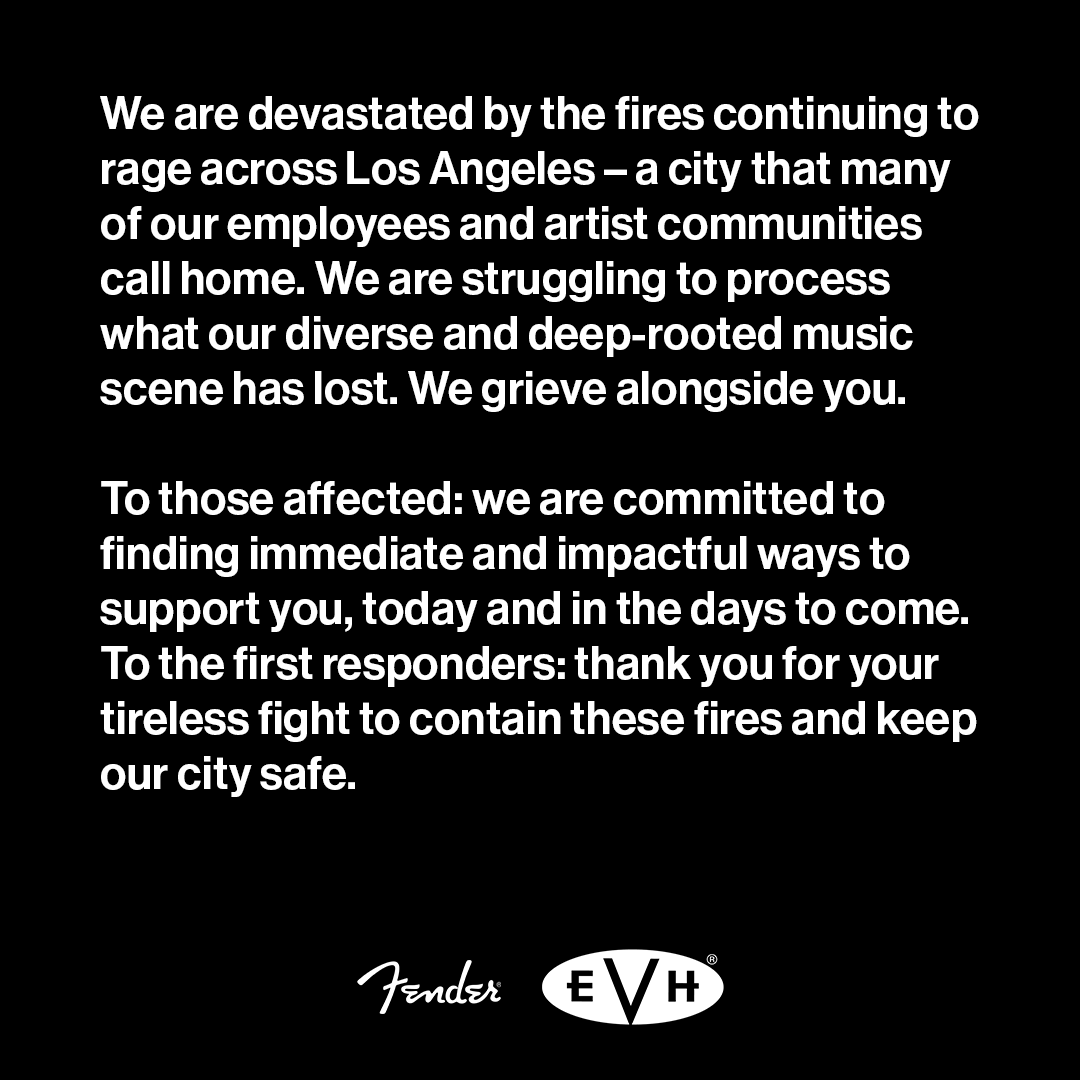 evhgear's tweet photo. We are devastated by the fires continuing to rage across Los Angeles – a city that many of our employees and artist communities call home. If you are a musician who has lost an instrument or gear, visit to the link in our bio to submit details: https://t.co/BcFMowJEwX https://t.co/Q5KS8i6ZOm