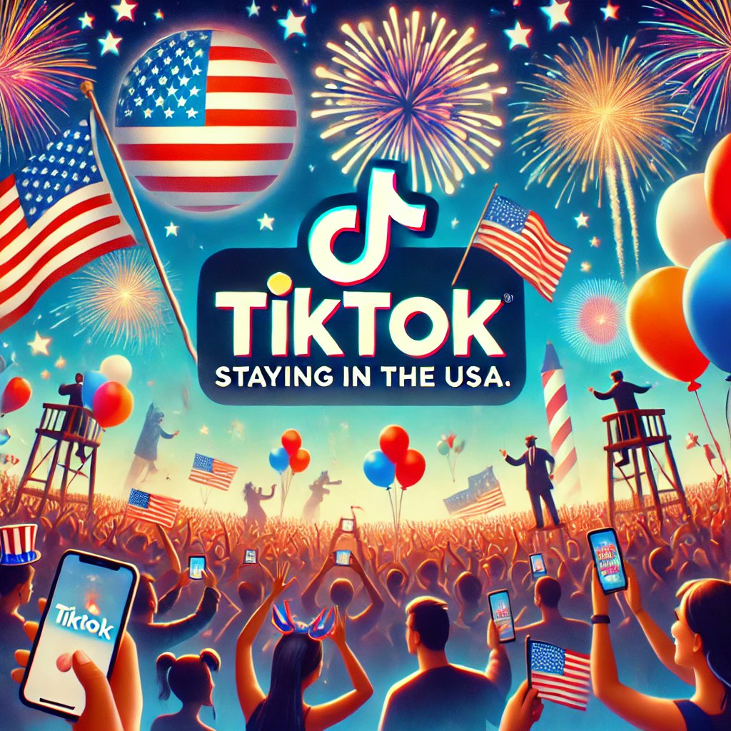 Taitinger's tweet image. Asked AI to create an image of Tiktok celebarting staying in the USA. Cheers! Looks a little like Ai sees Tiktok as the super-star at of the event #tiktok