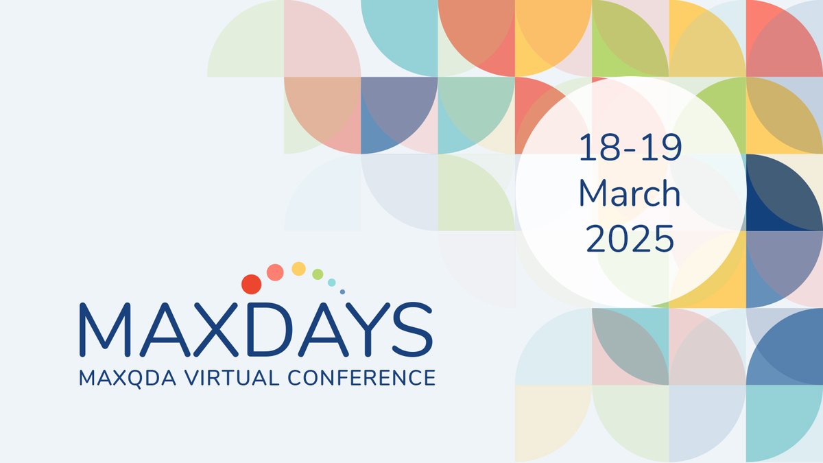 Save the date for our 5th edition of MAXDAYS, our virtual conference, where we will bring together thousands of MAXQDA users to share knowledge, exchange ideas, and be part of our vibrant community ✨

Save your spot: ow.ly/FOZZ50UGXPK
#ResearchCommunity #MAXQDA