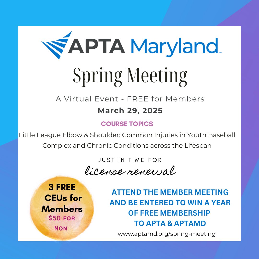 APTAofMaryland's tweet image. #APTAMD’s Spring Meeting is our annual educational gift to celebrate and spotlight the many local Clinical Specialists in various setting and practice areas and to give back to the valued members of our chapter to THANK YOU for your membership and support! aptamd.org/spring-meeting…