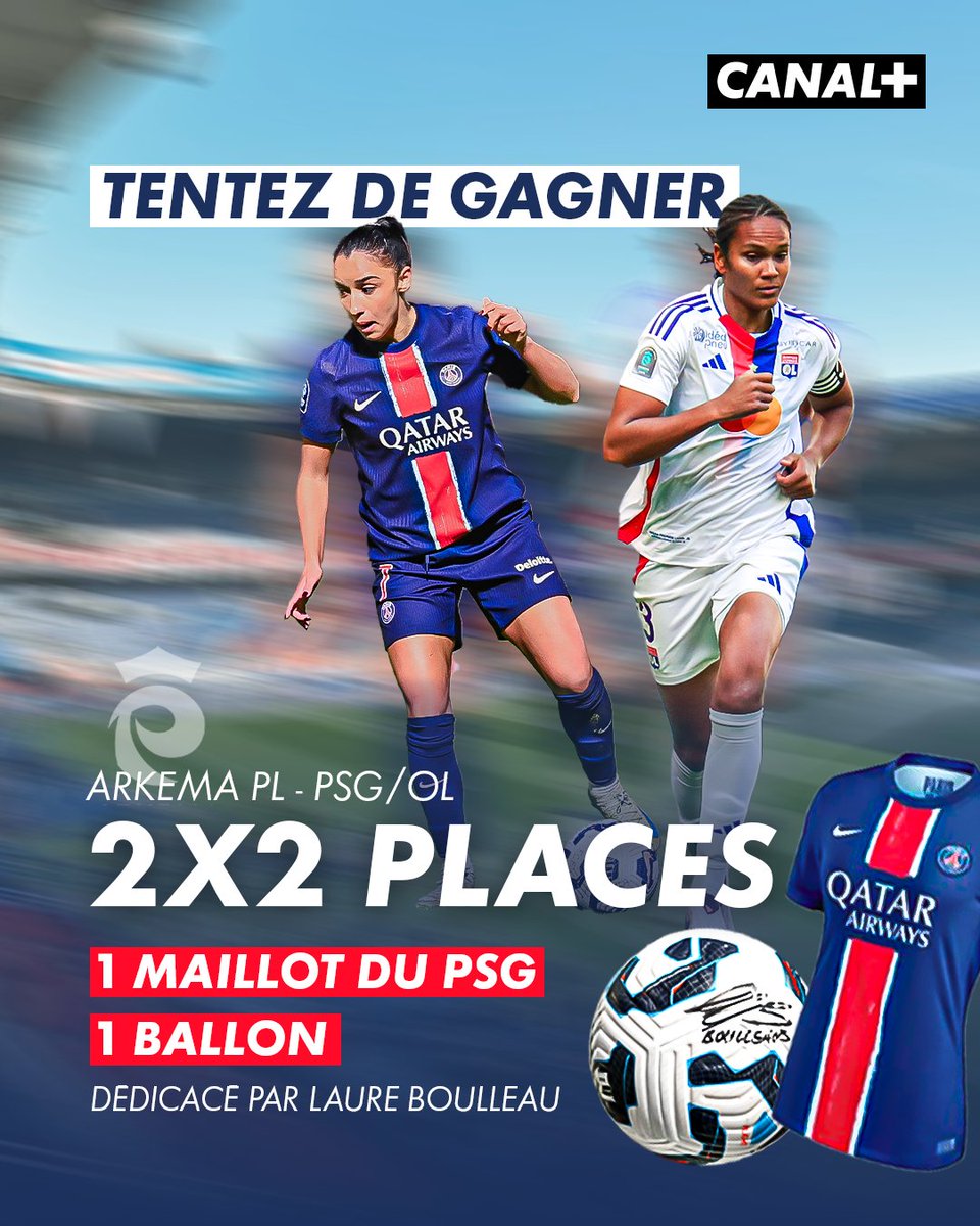 CanalplusFoot's tweet photo. 🚨 TENTEZ DE GAGNER 2 PLACES POUR PSG / OL + 1 MAILLOT DU PSG OU UN BALLON D'ARKEMA PL DÉDICACÉ PAR LAURE BOULLEAU 🤩

À l'occasion du CHOC entre Paris et Lyon ce samedi 18 janvier à 21H au Parc des Princes, on vous fait gagner 2x2 places + 1 maillot du PSG et un ballon signé par Laure Boulleau, pour participer :

- Être abonné.e au compte @CanalplusFoot ✅
- RT ce post ✅

Tirage au sort le 17/01 🍀

Règlement en bio.