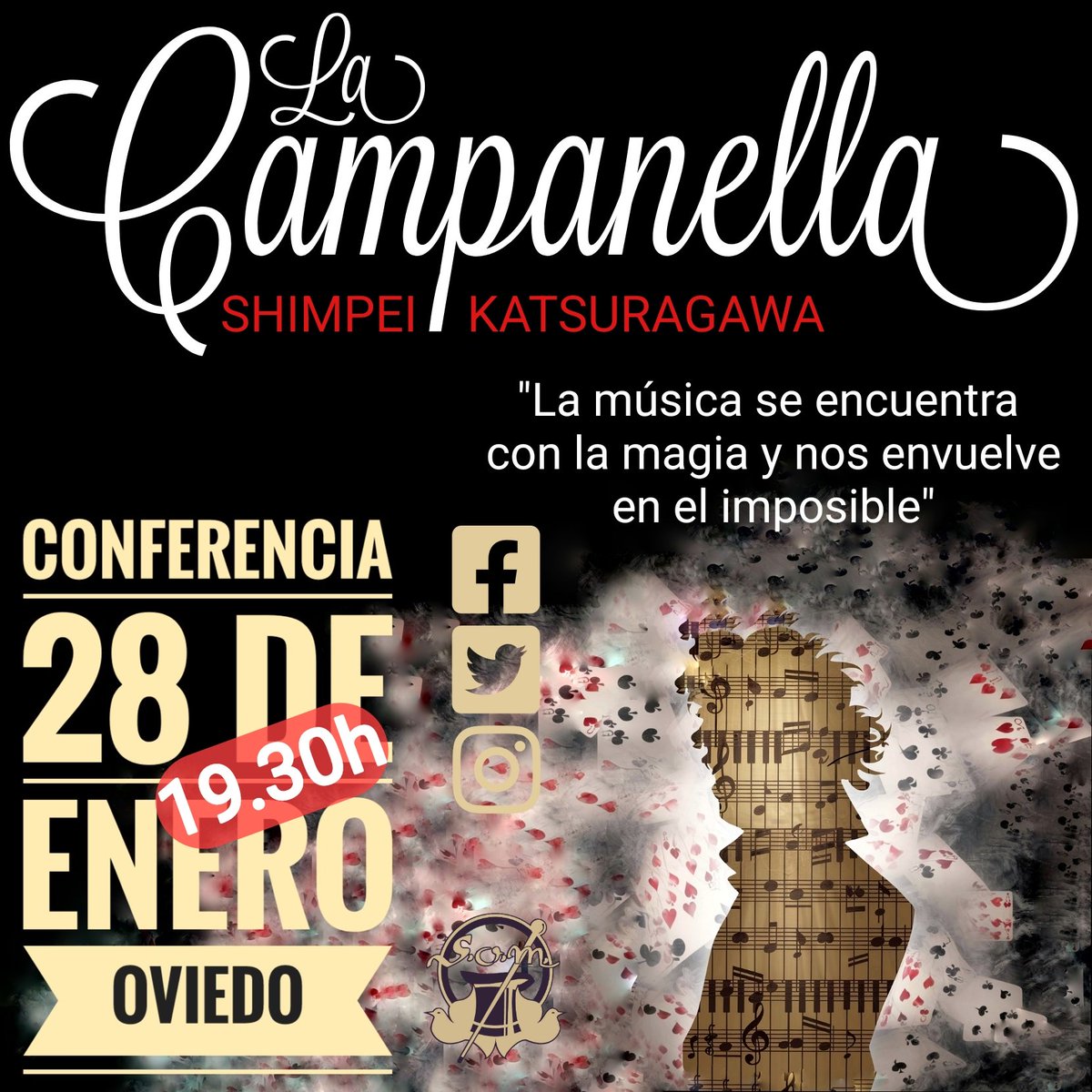 El 28 de enero nos visita Shimpei Katsuragawa, maravilloso mago japonés. En esta gira de conferencias presentará su interpretación de la fusión de música y la magia, incluyendo su versión de "suit apparition" con La Campanella.