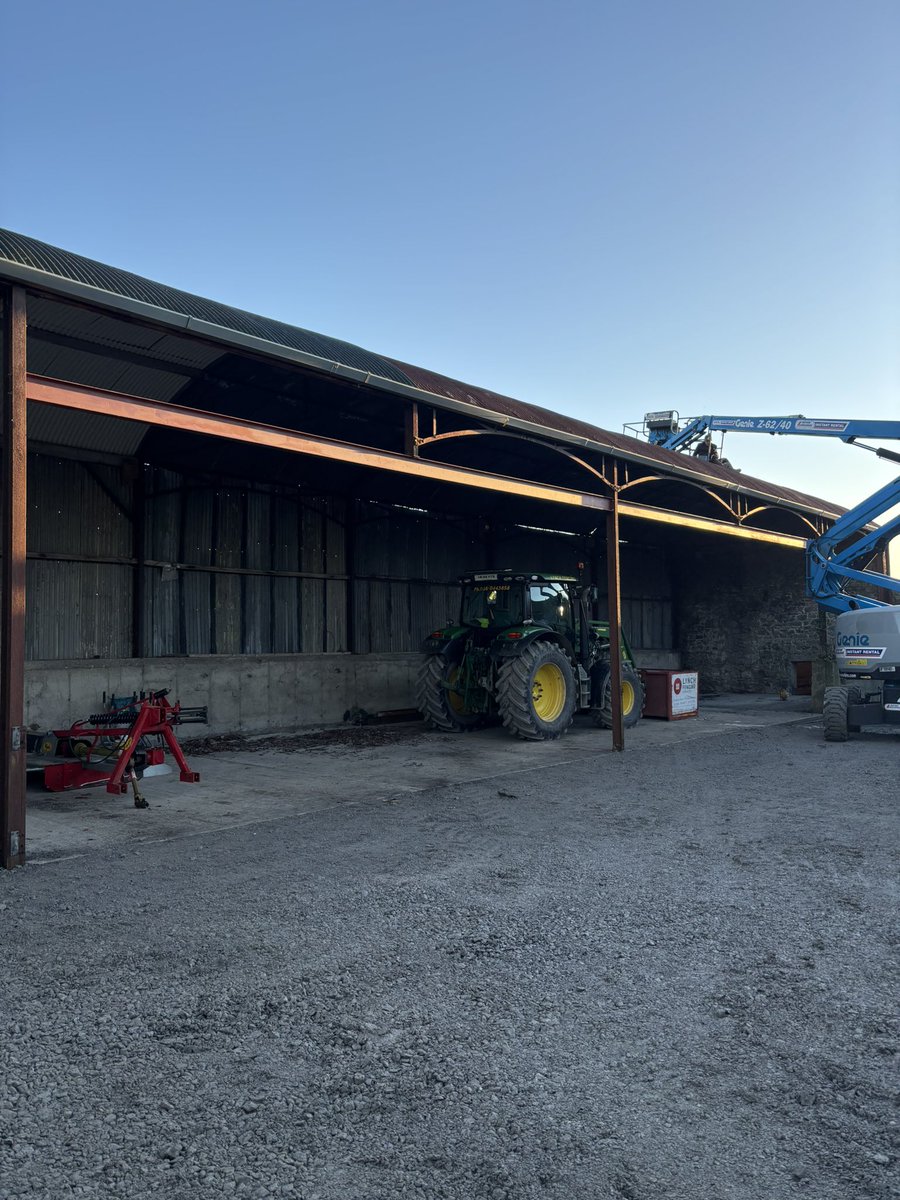 LynchFencing's tweet photo. Busy day. Taking down shed pillars,manufacturing and erecting crossbeams to give more access to this old haybarn. Patching a few holes in the roof tomorrow while cherry picker still on site https://t.co/zDheNLKUgI