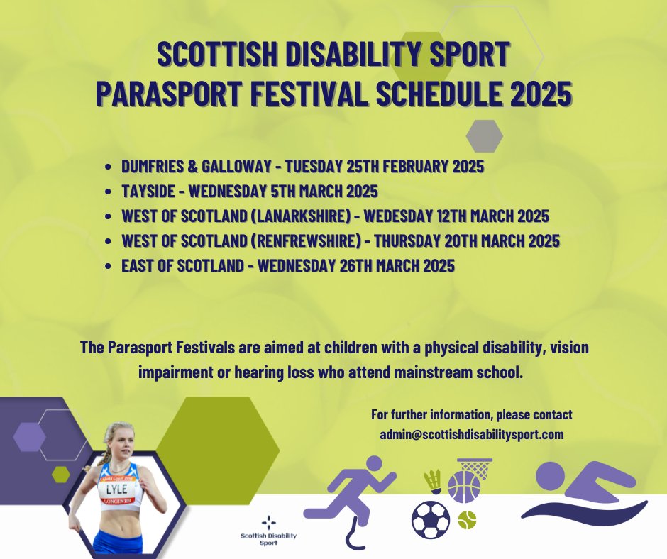 Scottish Disability Sport (@sds_sport) on Twitter photo NEWS: Registration is now open for Parasport Festivals🚨
Festivals are aimed at children with a physical disability, vision impairment, deafness or hearing loss who attend mainstream schools throughout Scotland.
Sign up now ➡️ tinyurl.com/2raa6y92
<a href="/sportscotland/">sportscotland</a> #Inclusion NEWS: Registration is now open for Parasport Festivals🚨
Festivals are aimed at children with a physical disability, vision impairment, deafness or hearing loss who attend mainstream schools throughout Scotland.
Sign up now ➡️ tinyurl.com/2raa6y92
<a href="/sportscotland/">sportscotland</a> #Inclusion