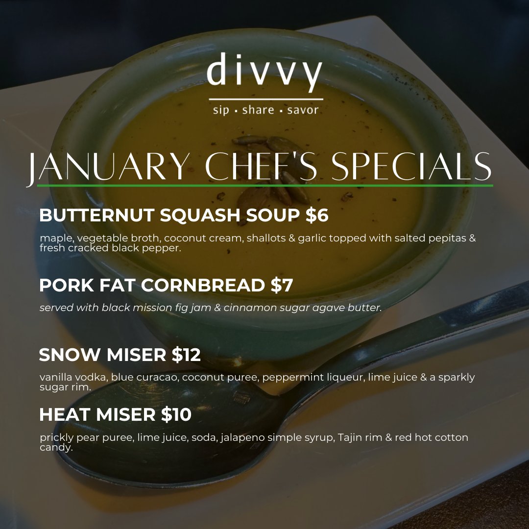 divvycarmel's tweet photo. Warm up this month with our cozy and flavorful specials. Try our velvety Butternut Squash Soup, paired perfectly with our savory Pork Fat Cornbread. For a unique twist, sip on the Snow Miser cocktail or the refreshing, alcohol-free Heat Miser mocktail. https://t.co/nI7udtSbap