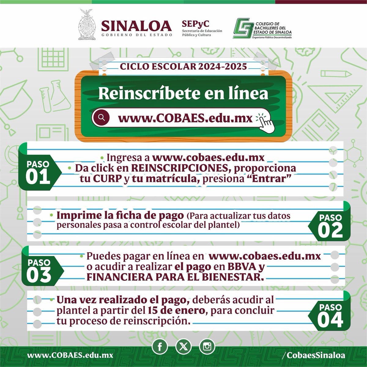 CobaesSinaloa's tweet photo. #NoticiasCOBAES |¿Cursas tu bachillerato en COBAES?

¡Hoy inicia el proceso de reinscripción! 

Realízalo de manera rápida y sencilla desde https://t.co/Ks9oYIS8mH.

Asegura tu lugar hoy mismo y sigue formando parte de la gran familia COBAES

Sigue estos pasos para reinscribirte: https://t.co/IuqxTpp7mH