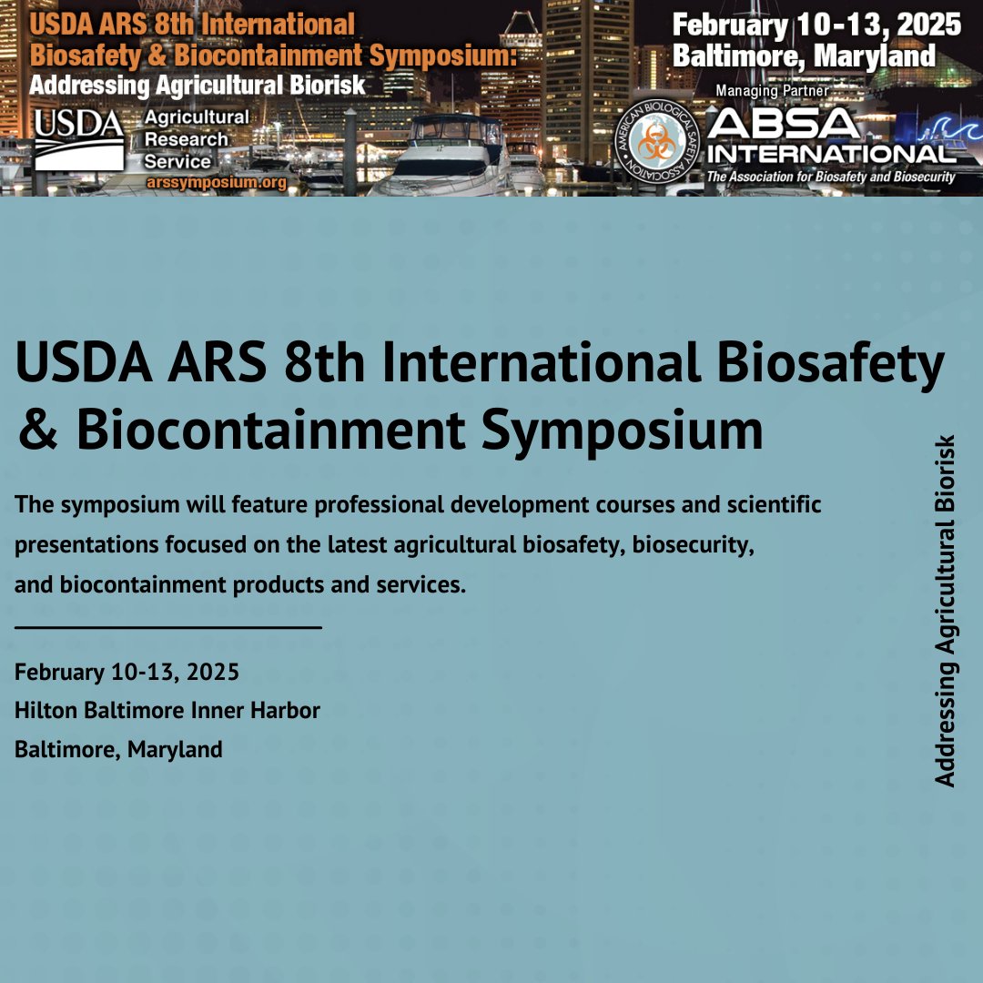 ABSAOffice's tweet photo. Our 8th International Biosafety &amp; Biocontainment Symposium is February 10-13, 2025. This Symposium will showcase the latest agricultural biosafety, biosecurity, and biocontainment products and services.   Register here: https://t.co/6B9YlylIjt   
#ABSA #ABSAInternational https://t.co/awDozDURQI