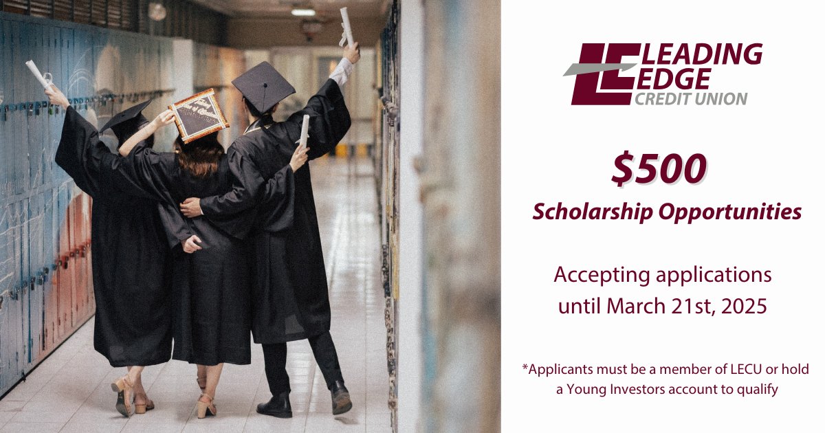 LeadingEdgeCU's tweet photo. Leading Edge is excited to announce that applications for our 2025 scholarship are live! We are awarding three $500.00 scholarships to high school students who are a member of LECU.  The application can be found at: https://t.co/1pQOpAgxVC

#Scholarships #freemoney #graduation https://t.co/XvV2nbdFqI