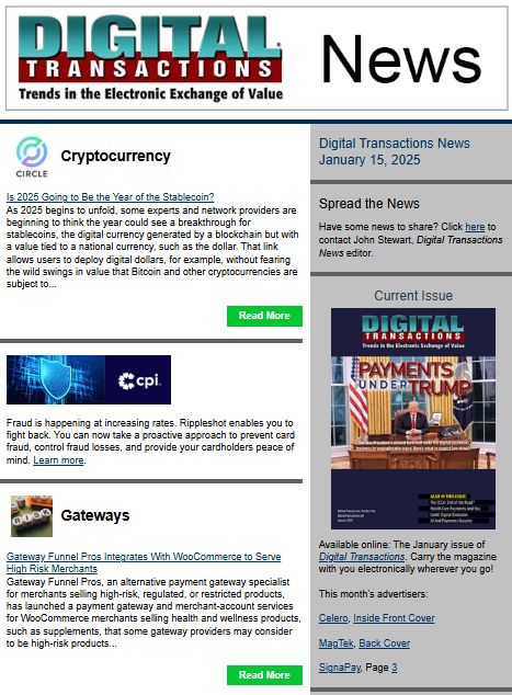 DTPaymentNews's tweet photo. Today's Digital Transactions News: Has Stablecoin’s Time Come?; Gateway Funnel Pros’ WooCommerce Tie-in; Transcore’s West Virginia Toll Deal
https://t.co/MeWZdBrts6
#payments #stablecoin #Circle #ecommerce #WooCommerce #highriskmerchants #Transcore #WestVirginiaTurnpike https://t.co/Qz9rlAp88g