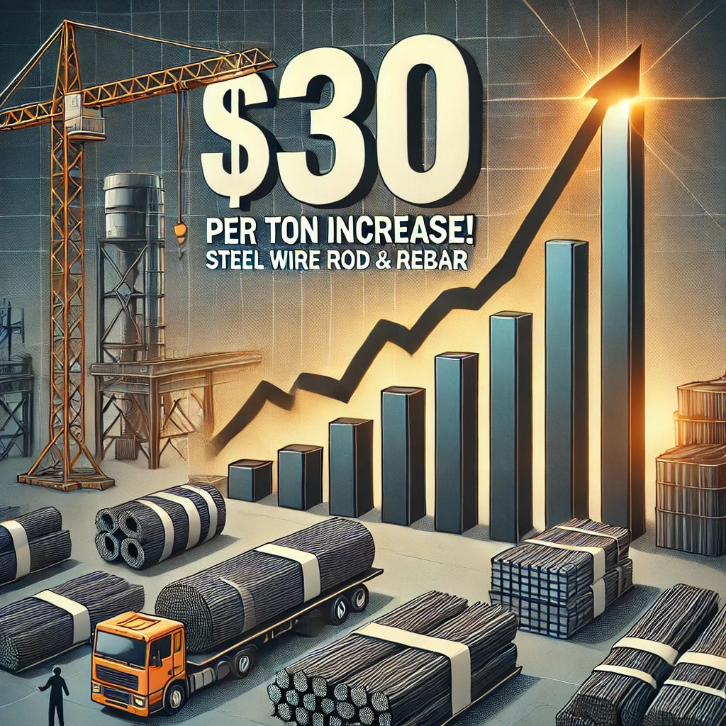 karun_f7's tweet image. 📈 Nucor announces a $30/ton price hike on #Steel #rebar and #wirerod products effective, for new orders. Existing Confirmed orders are price-protected if shipped by Jan. Market tightening ahead? Stay tuned! #Steel #Rebar #MarketUpdate #US