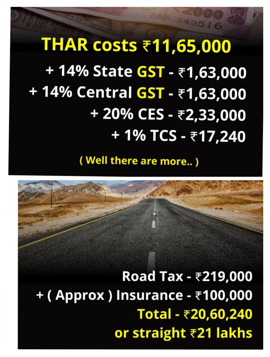 AbeerRizvi15912's tweet image. Thinking of buying a car? 🚗 Don’t just look at the ex-showroom price! Here s how taxes add up

State GST (14%) + Central GST (14%)

Cess (20%) + TCS (1%)

Road Tax + Insurance

 Always calculate wisely before buying. #CarTax #hiddentax
#TaxTerrorism #pan