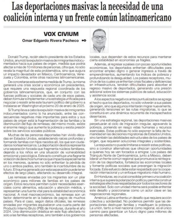Las deportaciones masivas: la necesidad de una coalición interna y un frente común latinoamericano.- Omar Edgardo Rivera Pacheco (La Tribuna - 10 de enero de 2025): latribuna.hn/2025/01/10/las…