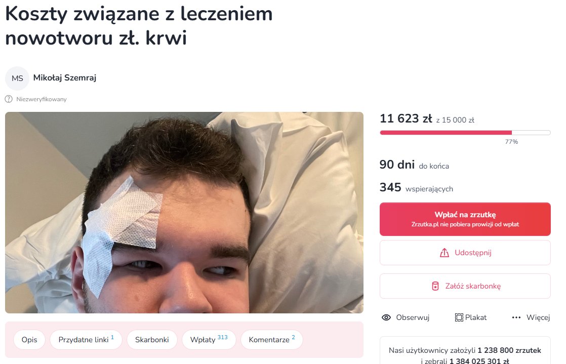 EPICPLAYZ.pl (@epicplayzz) on Twitter photo Nasz człowiek potrzebuje pomocy!
<a href="/MikiZAfrykiCS/">Mikołaj Szemraj</a> jest w trakcie leczenia nowotworu i zbiera na pokrycie kosztów z tym związanych.
Cel prosty: dzisiaj zakończyć zbiórkę, abyy wieczór spędzić w milszym nastroju. 😎
Wpłacać możecie tutaj: zrzutka.pl/bpegb2 Nasz człowiek potrzebuje pomocy!
<a href="/MikiZAfrykiCS/">Mikołaj Szemraj</a> jest w trakcie leczenia nowotworu i zbiera na pokrycie kosztów z tym związanych.
Cel prosty: dzisiaj zakończyć zbiórkę, abyy wieczór spędzić w milszym nastroju. 😎
Wpłacać możecie tutaj: zrzutka.pl/bpegb2