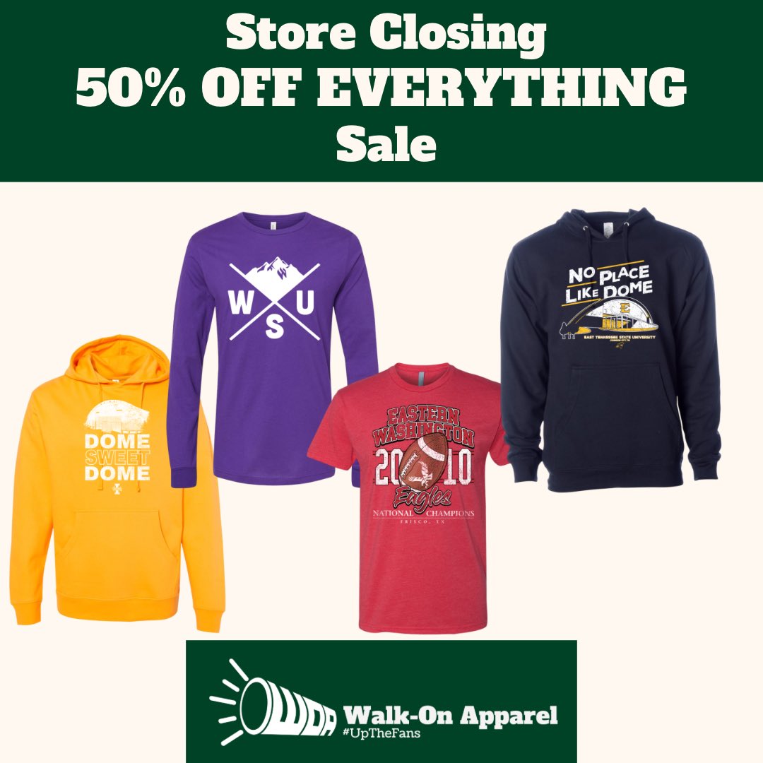 Walk_OnApparel's tweet photo. Saturday, we’re closing the doors forever. Get 50% automatically at checkout.
Thanks for all of your support 🤜#UpTheFans
🛒: https://t.co/8UoXLhvoEW https://t.co/UL2apgga8E