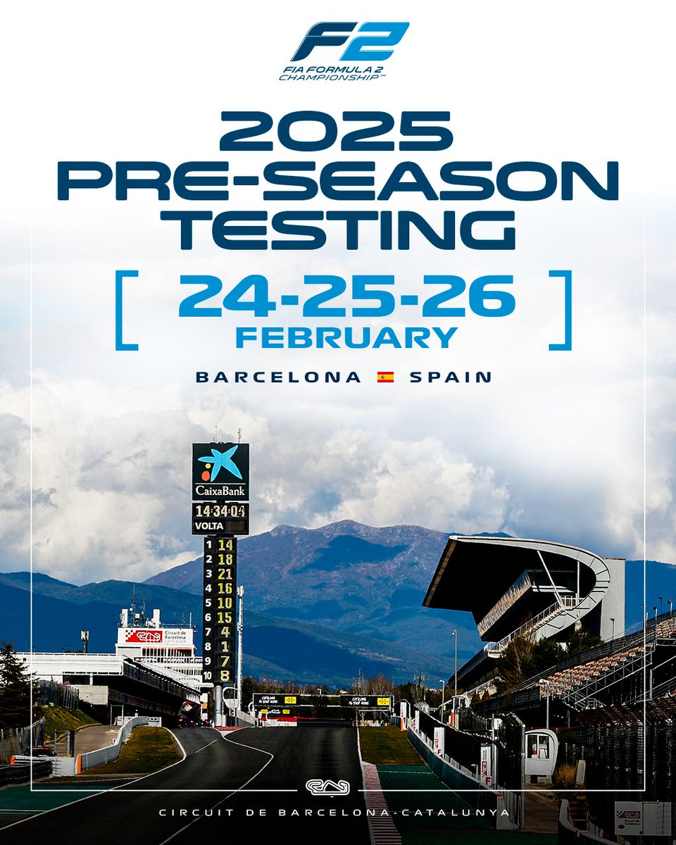 Formula2's tweet photo. Barcelona bound! 🇪🇸🔜

The #F2 pre-season test is locked in for 24-26 February at @Circuitcat_eng 🔒

#RoadToF1 https://t.co/t9psMYqzFK