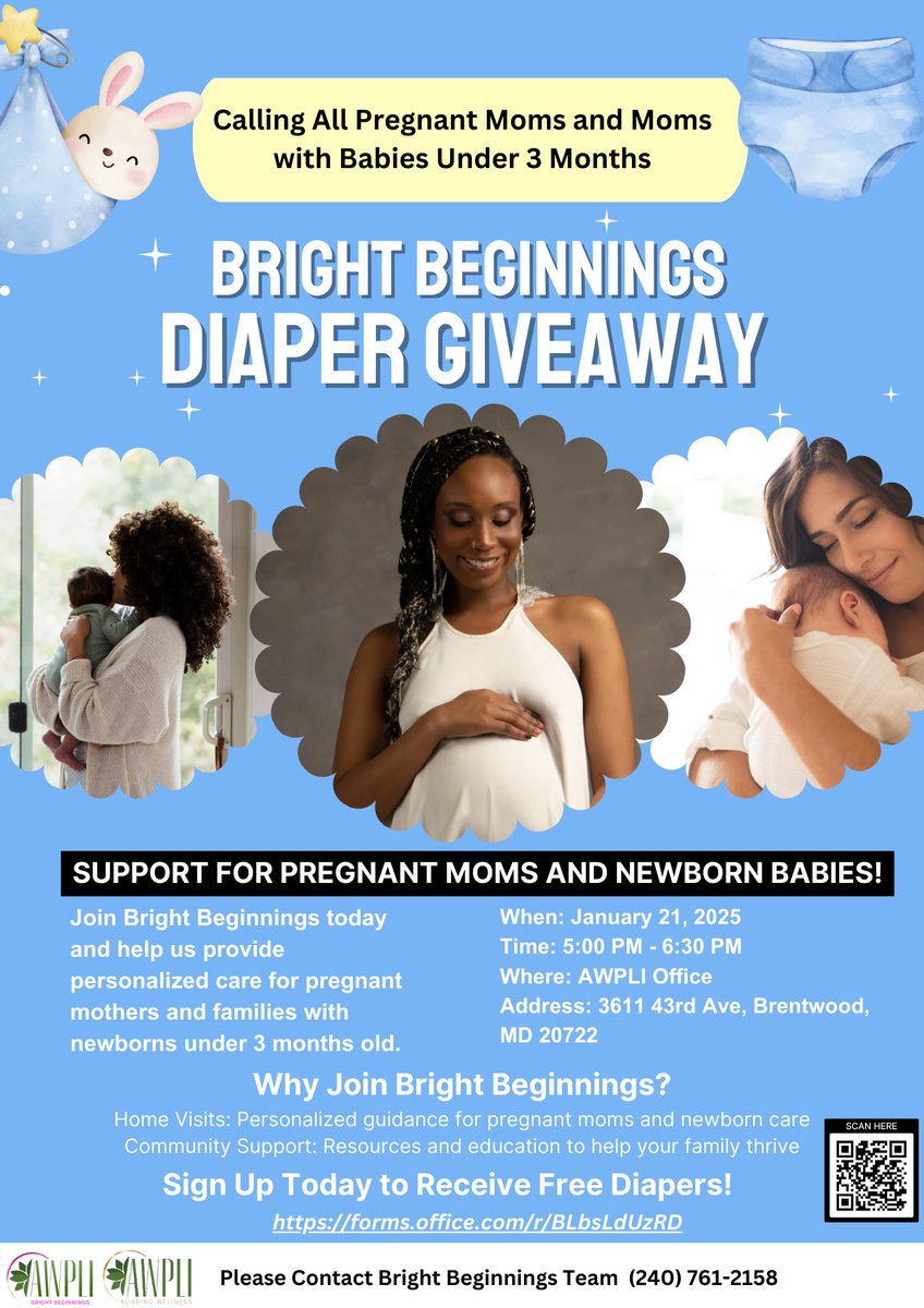 The Bright Beginnings Diaper Giveaway is this Tuesday, January 21, 2025, from 5:00 PM to 6:30 PM at the AWPLI Office in Brentwood, MD. This event is dedicated to supporting pregnant moms and families with newborns under 3 months by providing free diapers and essential resources.