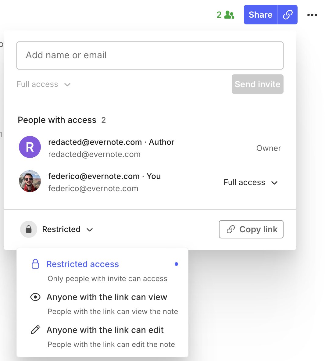 We're working on a new-new Evernote sharing experience.

A while back we introduced a sharing flow which made it possible to share/publish notes with one click. After listening to your feedback, we decided we could make it even more intuitive, so we went back to the drawing
